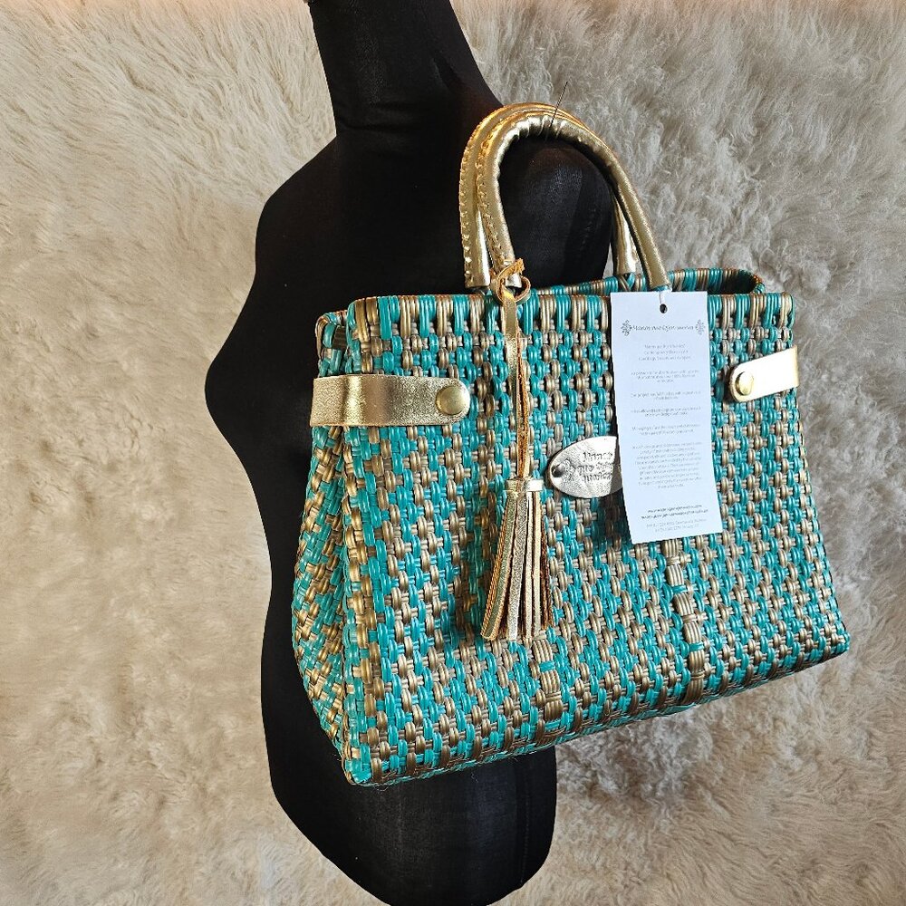 Manos que tejen sueños Blue Handwoven Gold Leather Handle Trim Mexico Handbag